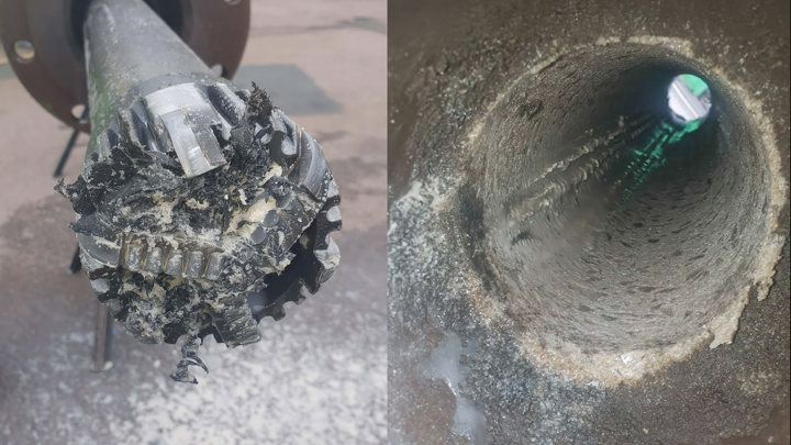 Well Miller tool with SiO2 scale debris and cleaned wellbore during Icelandic geothermal milling trials.