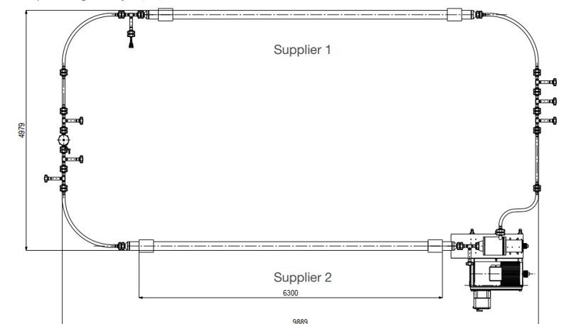 Technical diagram showing a tubing assembly test setup labeled 'Example of tubing assembly test, Q3, 2024' with components from Supplier 1 and Supplier 2.