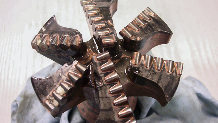 Close up of a milling bit used for scale removal in a Welltec electric wireline well intervention operation.