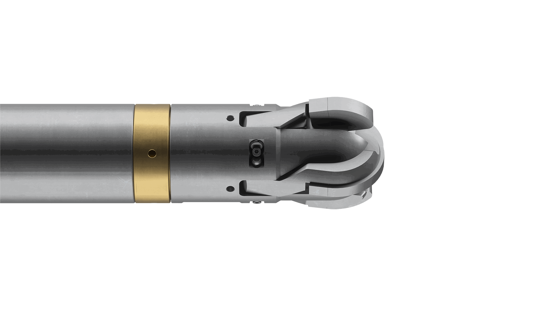 Close-up view of a Welltec tool with a metallic gray body, gold-colored section, and precision-engineered head for downhole operations.