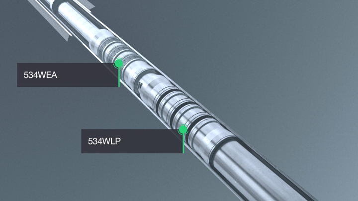 3D rendering of Welltec tools labeled 534WEA and 534WLP, showing their precise components designed for downhole applications.
