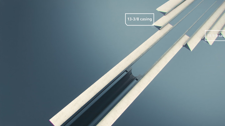 Digital rendering of open-hole wellbore showing 13-3/8" and 18-5/8" casing layers for cement assurance and zonal isolation in offshore.