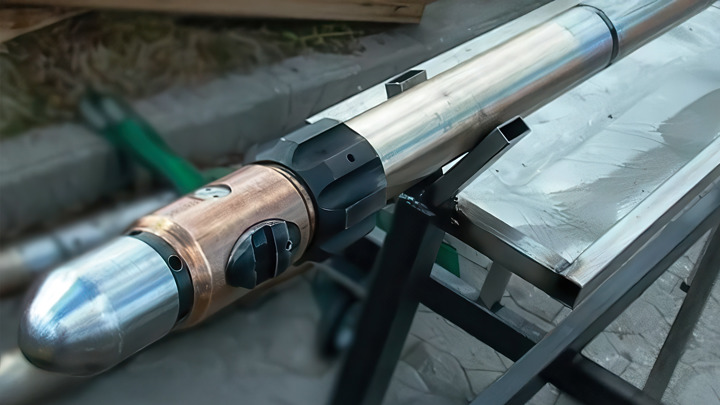 Slick metallic downhole tool on a bench, prepared for offshore deployment to enhance well production efficiency.