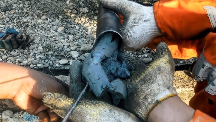 Gloved hands retrieving debris from tool during cleanout operation, successfully reviving a sanded-out oil producing well.