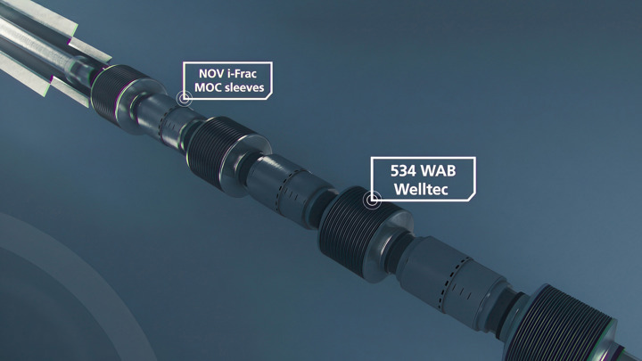 Illustration of a 534 WAB (Welltec Annular Barrier) with NOV i-Frac MOC sleeves, providing high-pressure open-hole isolation