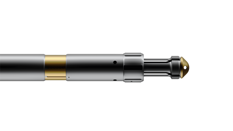Close-up of a Welltec Wellgrab tool, highlighting its metallic body and distinctive gold-colored tip.